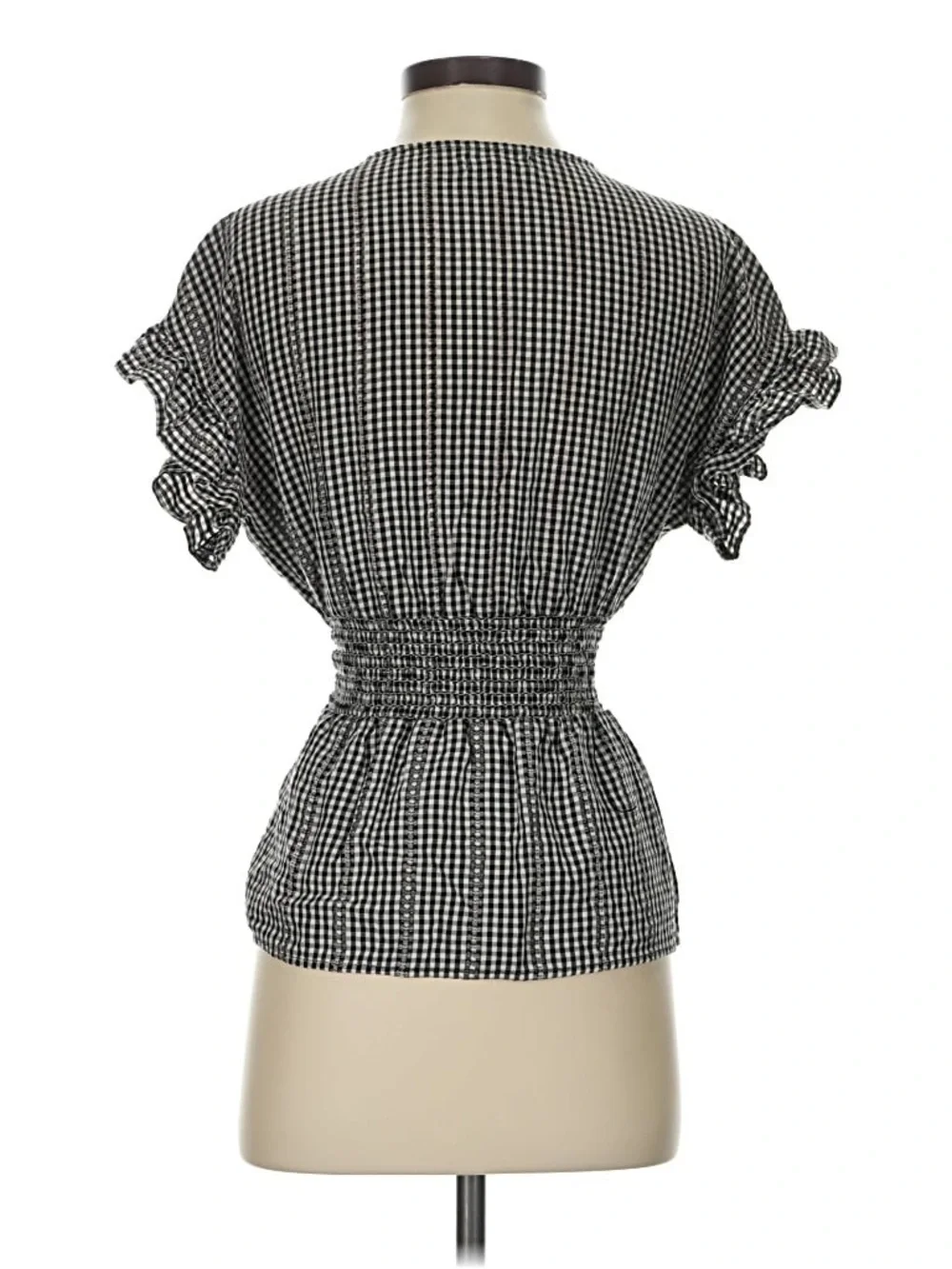 Max Studio Black White Gingham V-Neck Ruffle Sleeve Blouse